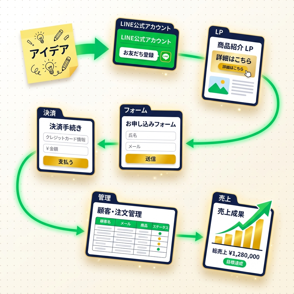 アイデアからLINE、LP、フォーム、決済、管理、売上へつながる事業導線図