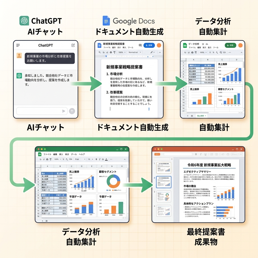 AIチャットからドキュメント自動生成、データ分析、最終提案書までつながるワークフロー図